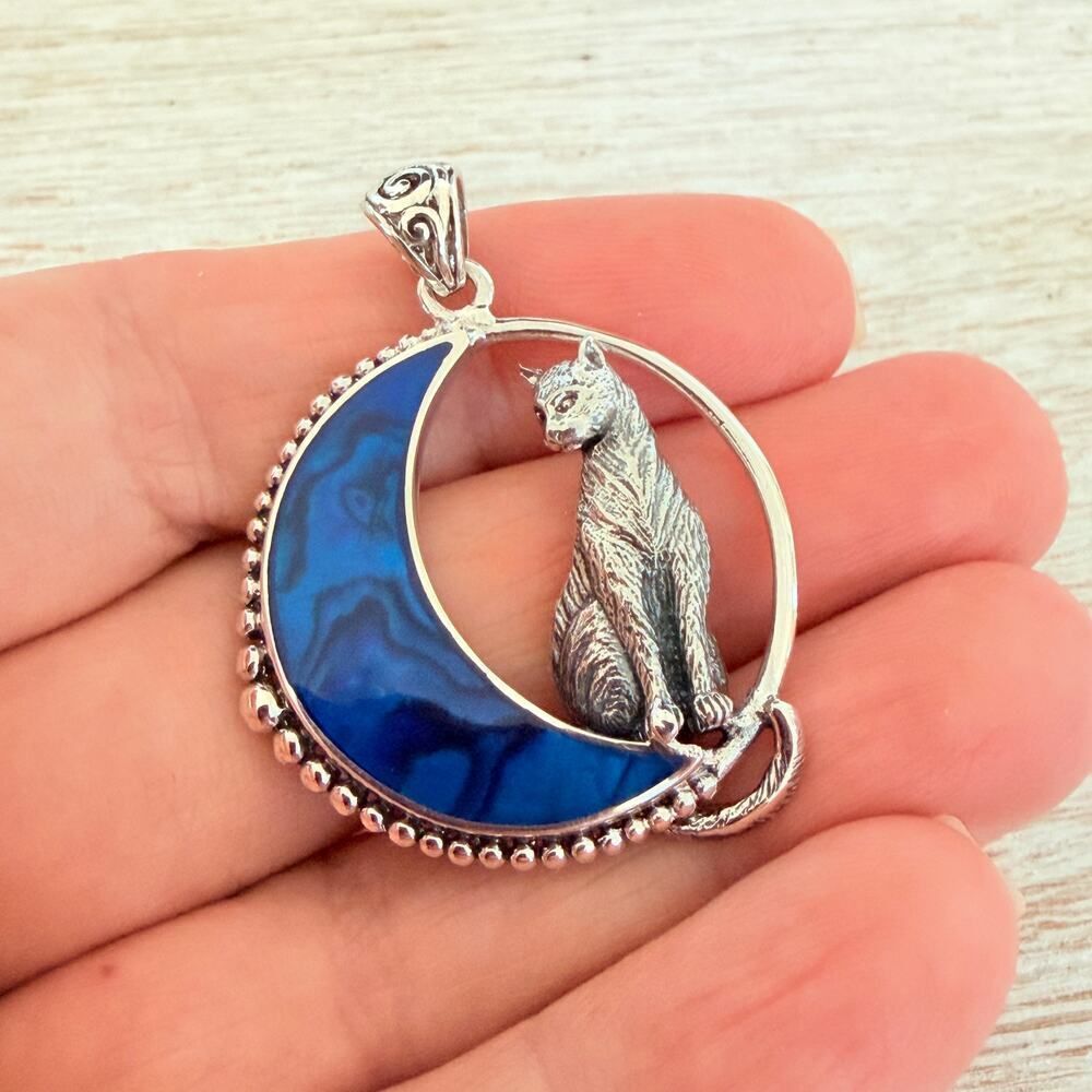 Cat in Crescent Moon Pendant 925 Sterling Silver Blue Shell Inlay